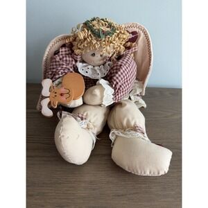 Vintage Country Rag Doll Christmas Angel Gingham Dress Folk Art 15"